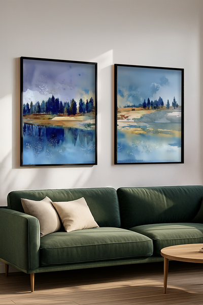 STARYUNA Set de pictură dublă cu peisaj natural abstract cu rame din lemn neg...