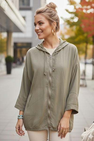 Chiccy Italian Mink K Hooded 3/4 Sleeve Zippered Pocket Casual Cotton Woven J...