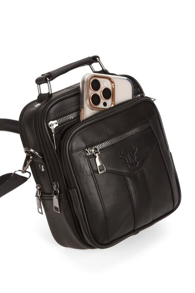 Newish Men's Black Genuine Leather Steel Case Zippered Hand and Shoulder Bag