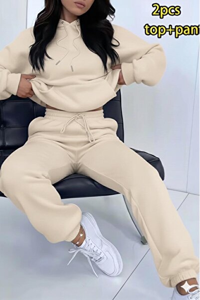 CAST COLLECTİON Women's Beige Hooded Sweat Tracksuit Bottom Set