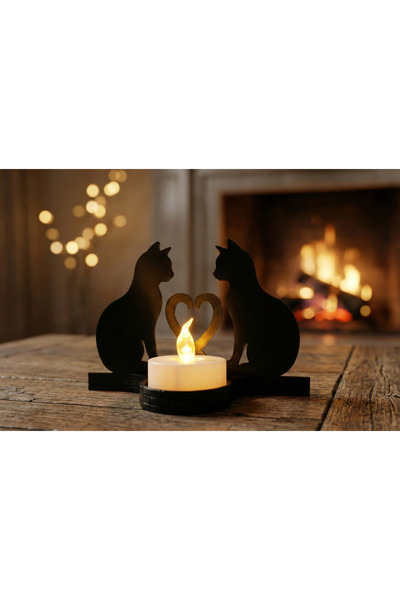 Dekoratif Kedi Figürlü Kalpli Siyah Mumluk - 3D Baskı Tealight Mumluk (8 cm)