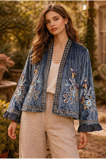 FEMELLE Women's Anthracite Embroidered Velvet Kimono Jacket