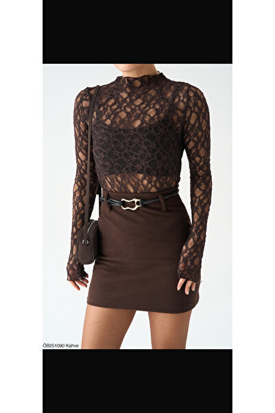 ALVWOMAN Transparent Lace Brown Blouse