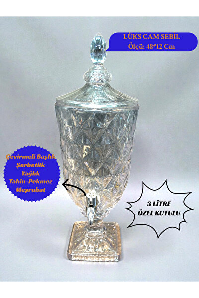 İnterlife Şeffaf Baklava Desenli Musluklu Şerbetlik – Kapaklı Lüks Cam İçecek...