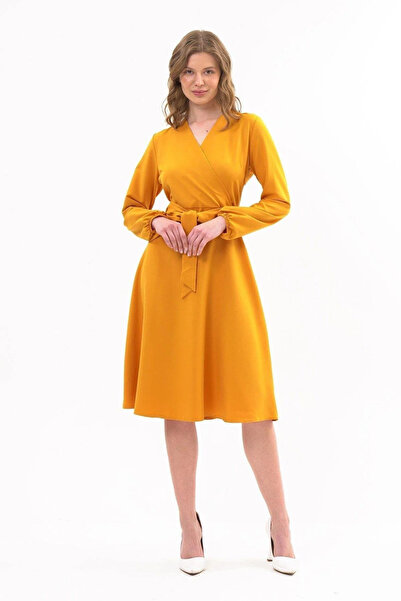 Arseno Γυναικείο φόρεμα με δέσιμο στη μέση, με λαιμόκοψη V, μουσταρδί, άνετο ...