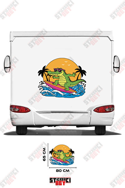 STİCKERCI BEY Caravan Sticker Coating with a Picture of a Surfing Crocodile