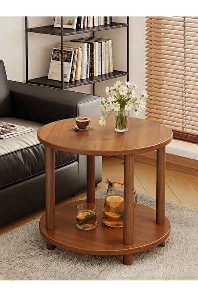 Mtanvxay طاولة جانبية صغيرة مستديرة للأريكة، مصنوعة من الخشب البني، ذات طبقتي...