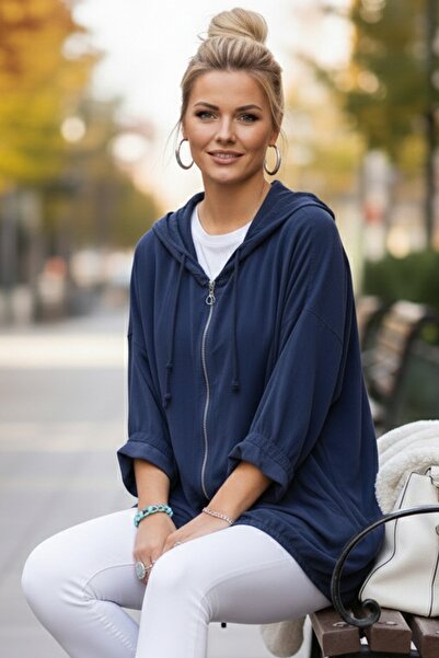 Chiccy Italian Navy Blue K Hooded 3/4 Sleeve Zippered Pocket Casual Cotton Wo...