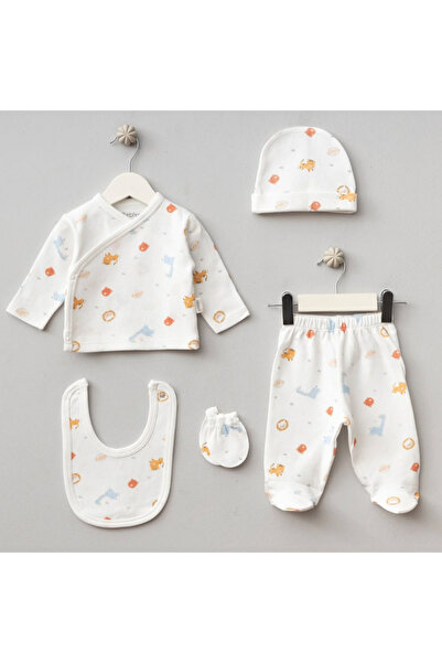 Bebitof Erkek Bebek Yenidoğan %100 Pamuk Desenli 5'li Zıbın Seti / Hastane Çı...