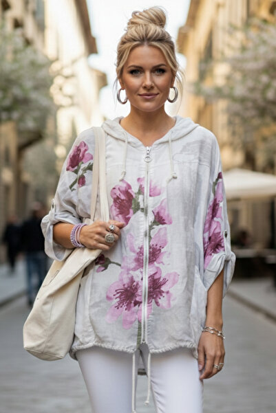 Chiccy Italian White K Hooded 3/4 Sleeve Zippered Pocket Casual Linen Look Wo...