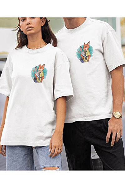 shi dumanlar giyim Oversize Çift Eş Sevgili Kombini Tilki-Tavşan Gögüs Baskıl...