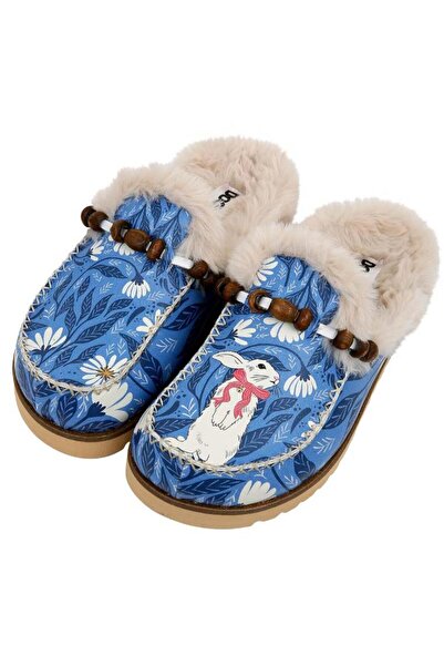 Dogo Women's Vegan Leather Blue Plush Slippers - Bunny Bloom Design