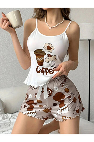 endimor Kahve Baskılı Askılı Şortlu Pijama Takımı