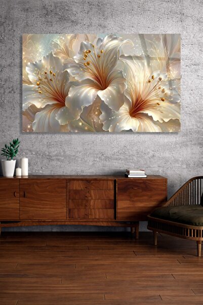 TAULART Decorative Unbreakable Glass Table Gold Tone Flower Design