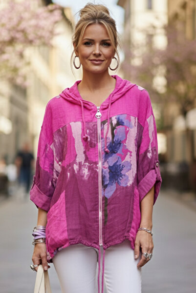 Chiccy Italian Fuchsia K Hooded 3/4 Sleeve Zippered Pocket Casual Linen Look ...