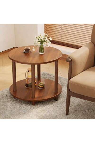 Mtanvxay طاولة جانبية صغيرة مستديرة بنية اللون مصنوعة من الخشب، ذات طبقتين، ب...