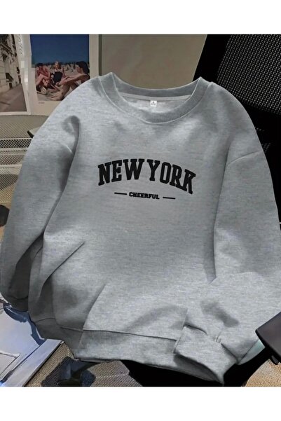 FUFLUNS سترة رياضية فضفاضة بطباعة مبهجة من نيويورك للنساء/الرجال بياقة دائرية