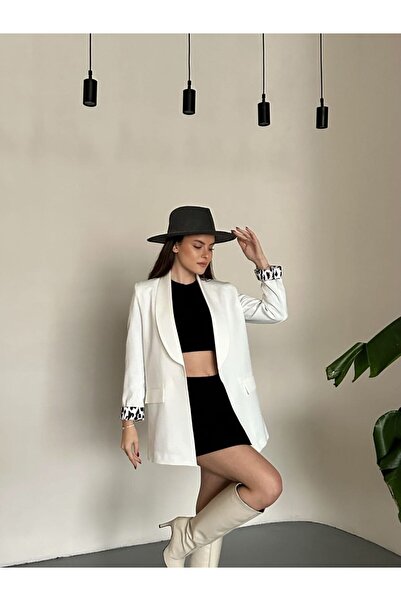 VESS MODA Women's New Season Leopard Lining Detailed Long Blazer Jacket