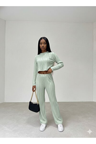 THEBEK Winter Ruffle Modal Bottom Top Crop and Pants Set