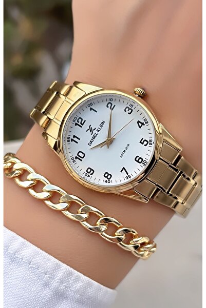 Daniel Klein Kadın Kol Saati Rakamlı Gold Renk Çelik Kordon - Bileklik Hediyeli