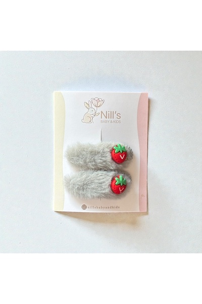 Nills Baby & Kids Peluş Çilek Figürlü Bebek Saç Tokası 2’li Set – Gri
