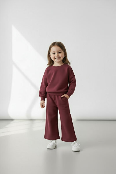 blumi kids طقم سويت شيرت و أرجل واسعة بنطلون رياضي - أحمر كلاريت