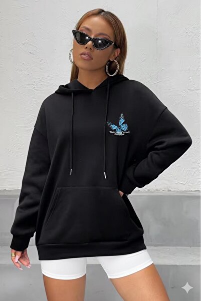 CAST COLLECTİON Hanorac cu glugă cu imprimeu fluturi negru pentru femei