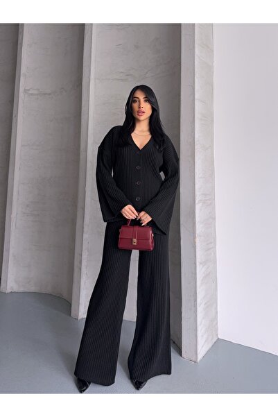 erki triko Corded Fabric Button Cardigan Flared Pants Knitwear Set