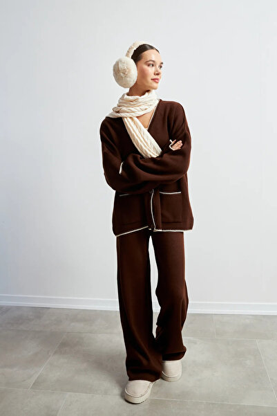 Yefrastore Women's Brown Pocket Detailed Shepherd Stitched Pants Top and Bott...