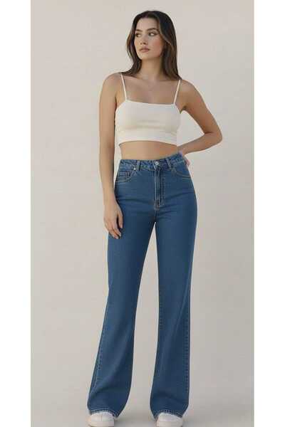 NWC Blugi casual pentru femei, albastru mediu material elastic Super talie în...
