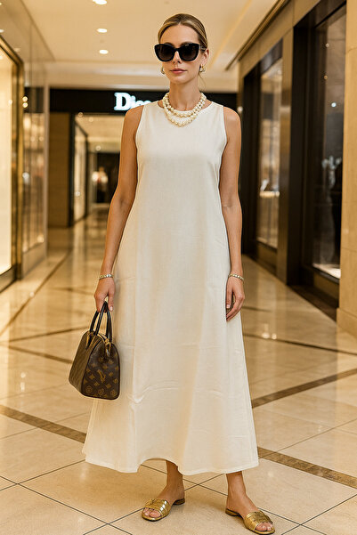 Borncelebs White Glamorous Linen Maxi Dress
