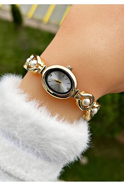 Weluxa Gold Color Silver Dial Pearl Beads Decorated Women Wristwatch + Watch Box