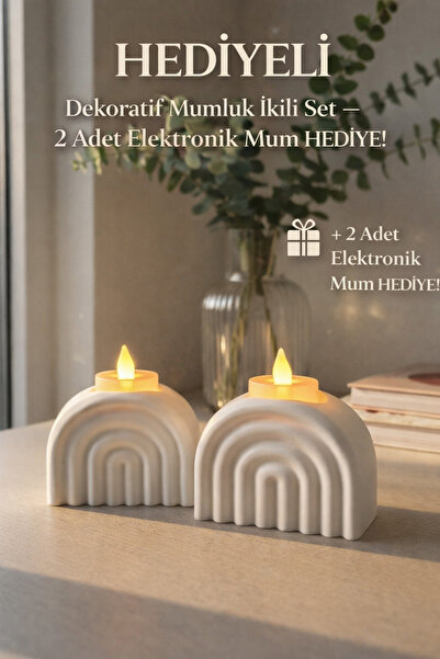 BOTE CONCEPT Dekoratif Beyaz İkili Mumluk Seti – Elektronik Mum Hediyeli, PLA...