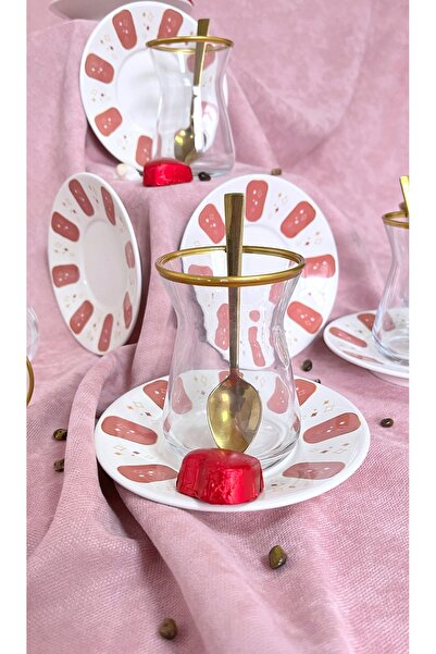 ers erbaşlar Melodi Red Gold Decorated 12 Piece Tea Set for 6 People, Tea Cup...