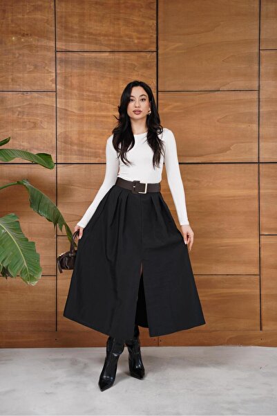 Nazline Women's Zippered Front Slit Panel Skirt