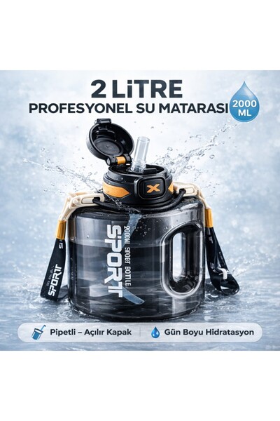 Polham 2 Litre Sporcu Su Matarası – Pipetli Açılır Kapak,Taşıma Askılı,Sızdır...