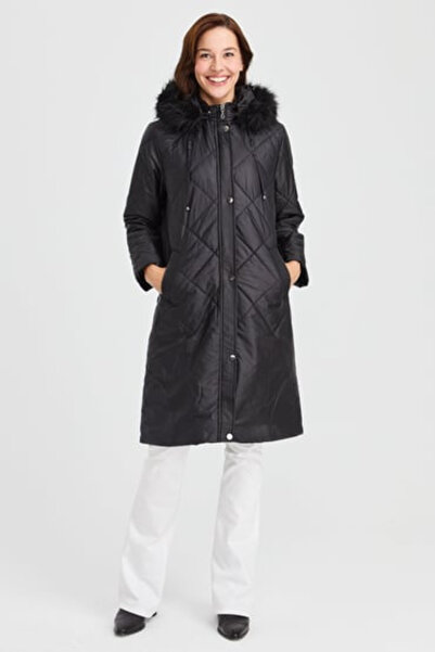 Desen Women's Hooded Checkered Long Quilted Coat