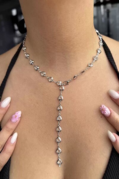 Ebijuteri Gümüş Renk Kalp Figürlü Taş Detaylı Y Model Çelik Kolye – Zarif & Ş...