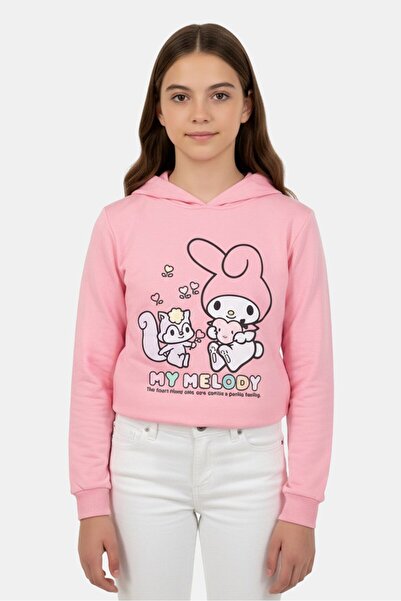 SANRIO سويت شيرت بغطاء رأس بأكمام طويلة للبنات الصغيرات، لون وردي