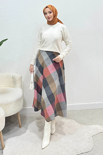Tesettür Diyarı Nare Plaid Patterned Hijab Skirt - Gray Pink