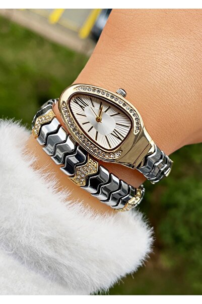 Weluxa Gold - Silver Double Color Stone Snake Model Vintage Women's Wristwatch
