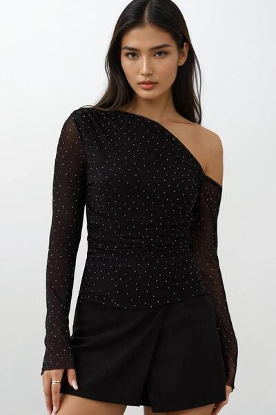 Trend Alaçatı Stili Women's Black Glitter One Shoulder Draped Tulle Detailed ...