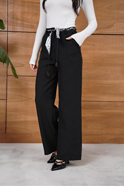 Nazline Women's Wide Leg High Waist Trousers with Scarf Detail