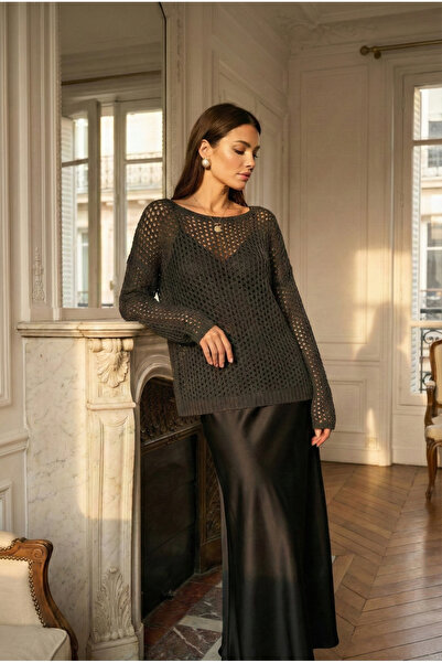 peralist Lace-Like Knit Boat Neck Black Knitwear Blouse – Long Sleeve Stylish...
