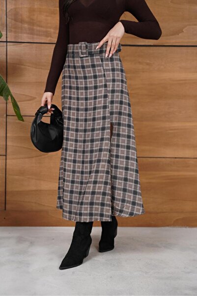 Nazline Women's Diamond Patterned Belted, Plaid Patterned Transitional Skirt