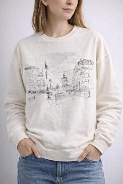 MARKATEM Cycling Collar 3-Thread Cotton Paris Print Sweatshirt