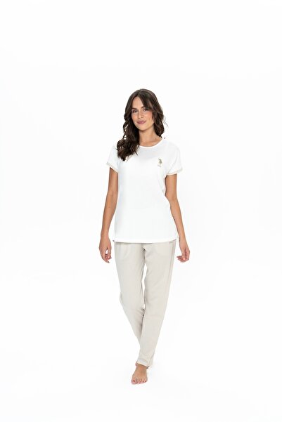 U.S. Polo Assn. Set de pijamale simplu pentru femei, ecru, cu gât tip crew - ...