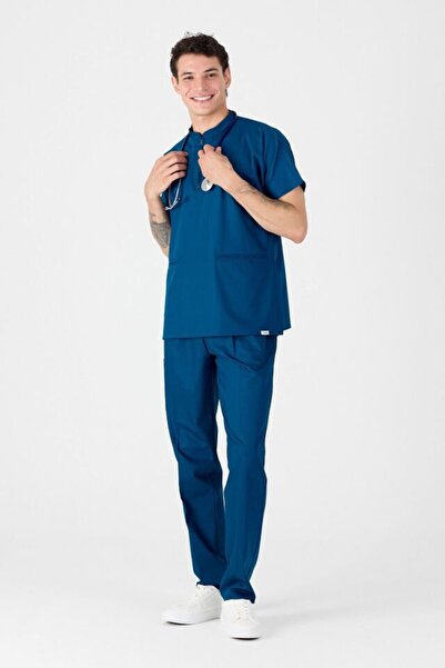 Owlet Medikal Stretch Fabric Petrol Blue Judge Collar Scrubs