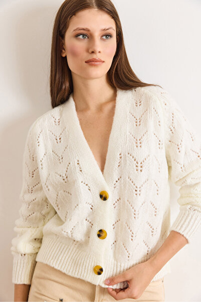 Olalook Women's Ecru Lace-Like Knit Soft Textured Knitwear Cardigan Hrk-19000444