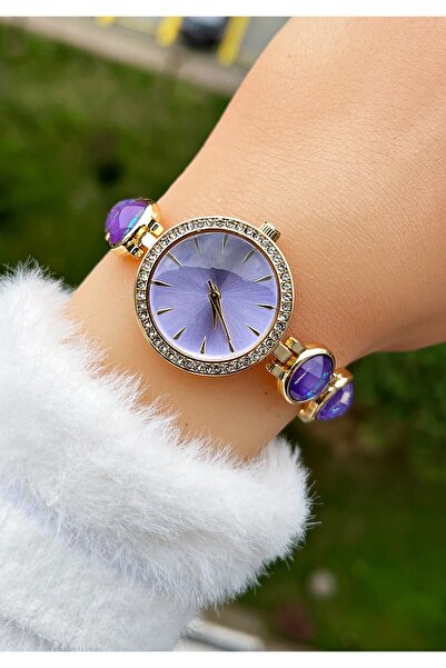 Weluxa Gold Color Purple Dial Glitter Beads Decorated Women Wristwatch + Watc...